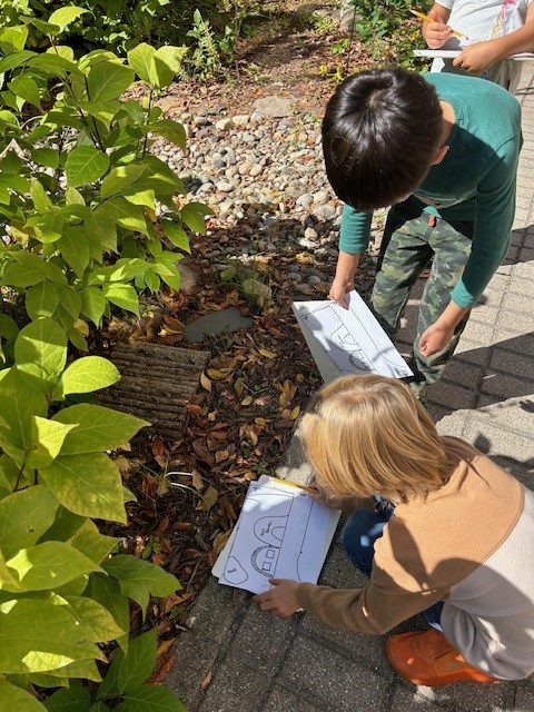 students working in courtyard